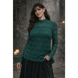 Worthington Womens Top XL Green Bell Sleeve Lace Fairy Ethereal Holiday Cottage